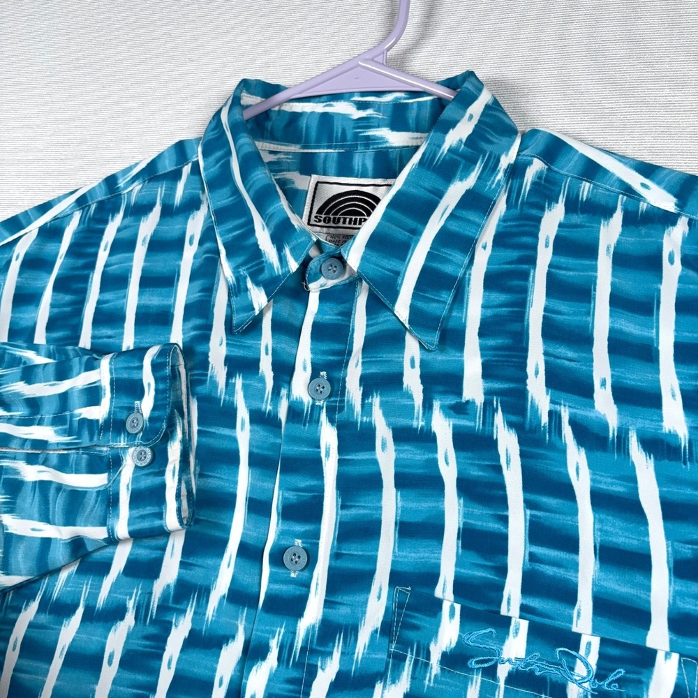 Vintage Southpole Shirt Mens Size L Blue White Polyester Long Sleeve Button Up